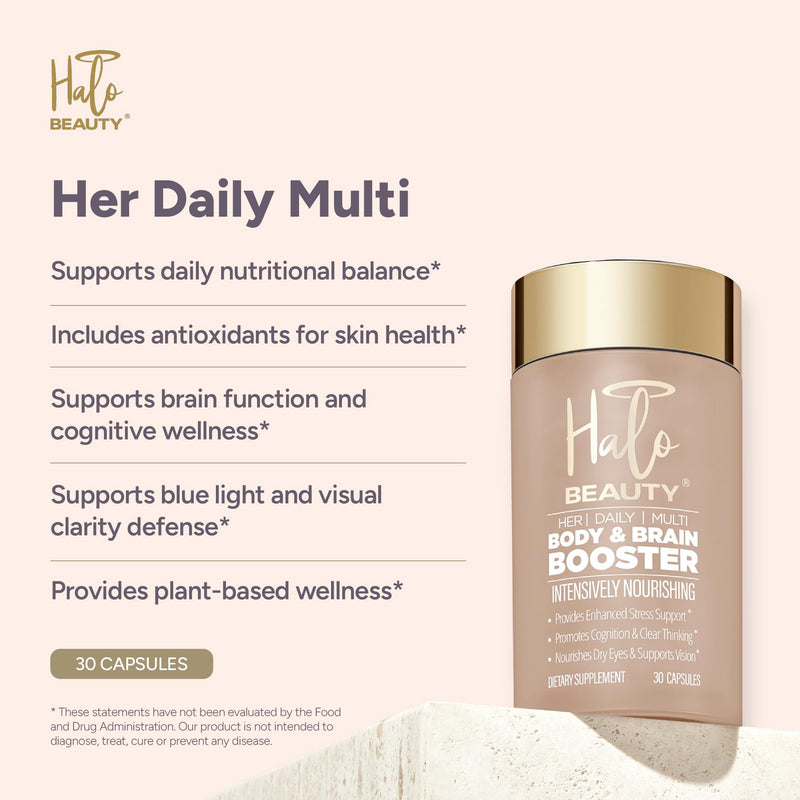 Halo Beauty Her Daily Multi | Women’s Multivitamin Supplement Refill Pack | Daily Energy, Mental Clarity, Brain & Wellness Support with B6, D3 & Zinc | Vegan Daily Capsules | 1-Month Supply