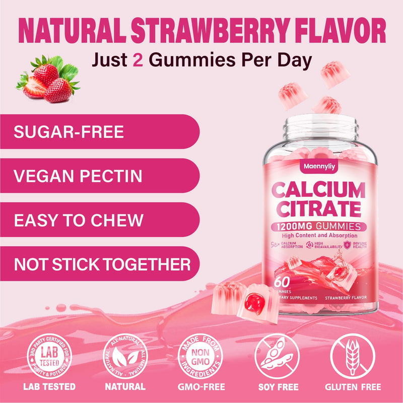 Calcium Citrate Gummies 1200 mg for Adults: Ultimate Absorption Calcium Supplement for Women & Men - Easy to Digest, Vegan, Non-GMO, Gluten Free - Natural Strawberry Flavor 60 Count (Pack of 2) - BeesActive Australia