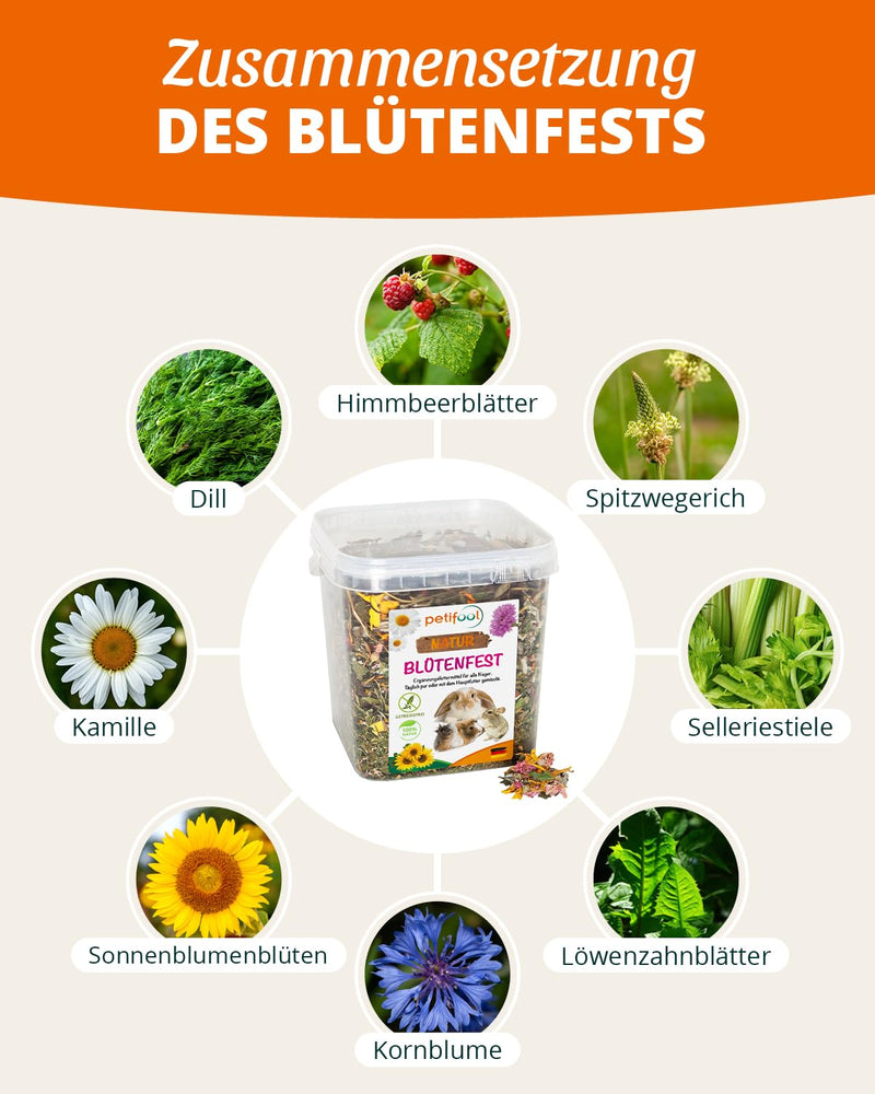petifool Blossom Festival 380g - supplementary food for rodents - natural rodent food for rabbits, guinea pigs, hamsters, chinchillas & more - without artificial additives - 100% natural - species-appropriate food 380g (pack of 1) - BeesActive Australia