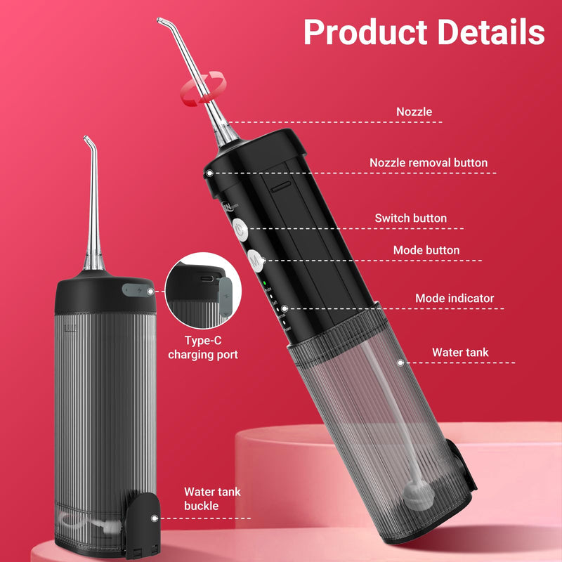 Mini Portable Water Flosser Oral Irrigator Water Teeth Cleaner Pick, Telescopic Water Tank, 4 Modes & IPX7 Waterproof, Home & Travel Water Flossers for Teeth, Braces Bridges Care. (Black) Black
