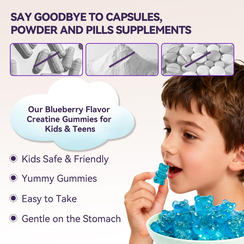 Creatine Gummies for Kids and Teens with Vitamin B12 | Sugar Free Creatine Monohydrate Gummy Support Children Growth Blueberry Flavor 90 Gummies