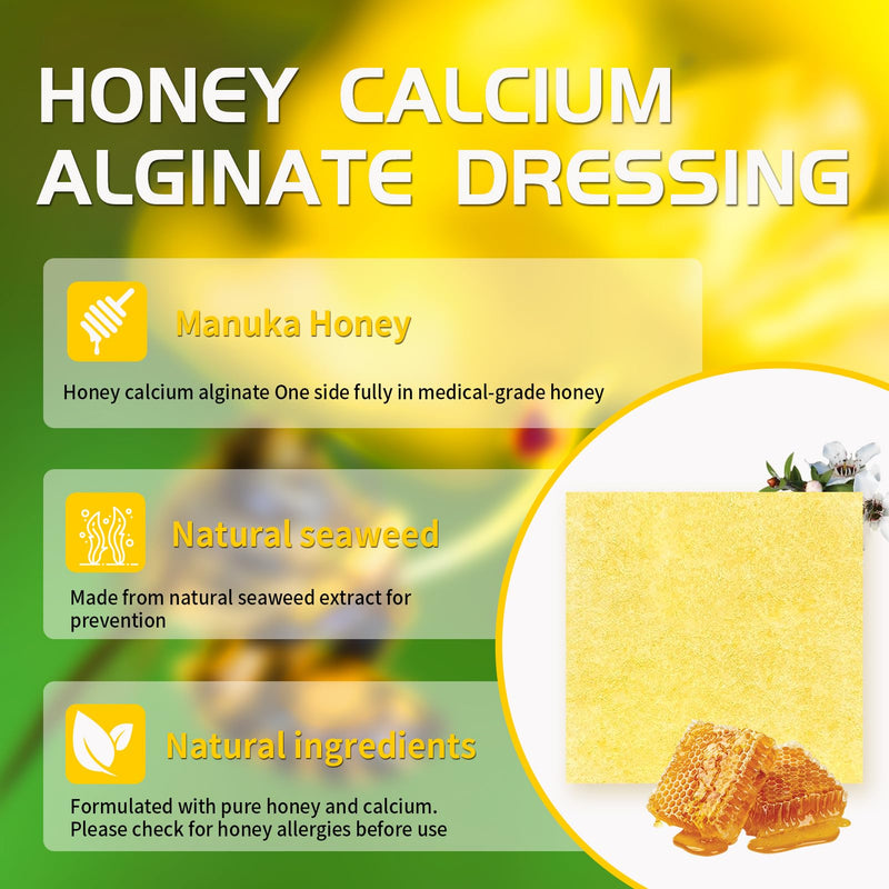Manuka Honey Calcium Alginate Dressing, 12 Individual Pack, 2"x2" Patches, Wound Dressing with Calcium Alginate, Bandages for Burns, Faster Wound Care