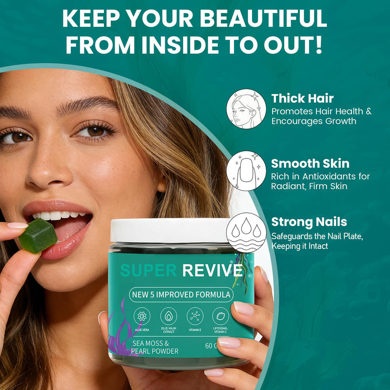 Super Revive Gummies for Hair Loss - Sea Moss Gummies with Vitamin C, E, Aloe Vera & Pearl Powder Glow, Promotes Thicker, Fuller & Stronger Hair - 60 Count