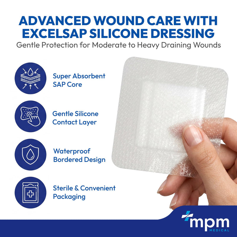 MPM Medical Excel SAP Silicone Bordered Superabsorbent Dressing 4x4, 10 Ct
