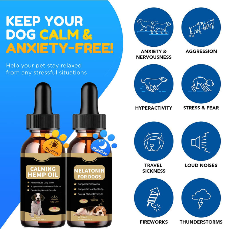 Hemp Oil & Melatonin for Dogs, Day & Night Calming Drops Support Set, Helps with Anxiety, Stress, Aggression, Separation, Sleep, Sеizures Rеlief - Organic Pet Calming Drops(Bacon Flavor)