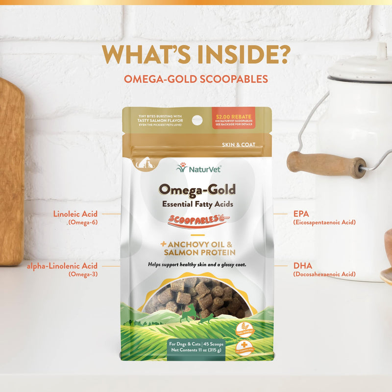 NaturVet Scoopables Omega-Gold Anchovy Oil & Salmon Supplement For Dogs and Cats - Supports Healthy Skin & Coat Plus DHA, EPA, Omega-3, & Omega-6 - Anchovy & Salmon Flavored For Dog and Cat | 11oz Bag 45 Scoops