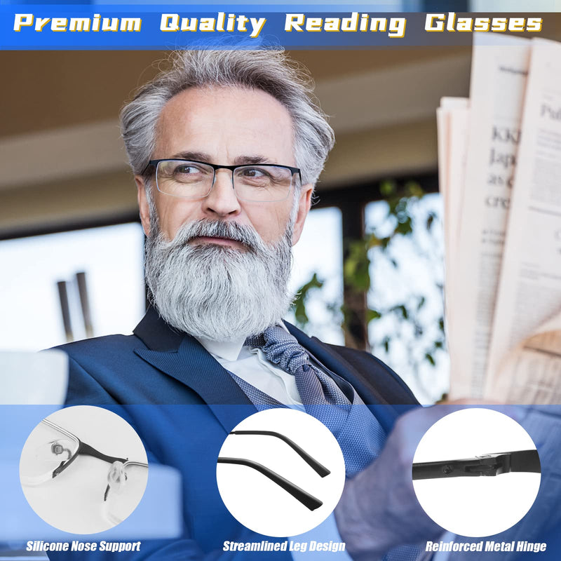 3 Pack Blue Light Blocking Reading Glasses for Men, Stylish Half Frame Metal Computer Readers, Lightweight Spring Hinge Eyeglasses Anti Eyestrain/Glare/UV (Mix Color, Black+Grey+Brown, 1.5) Mix Color(black/Grey/Brown) 1.5 x