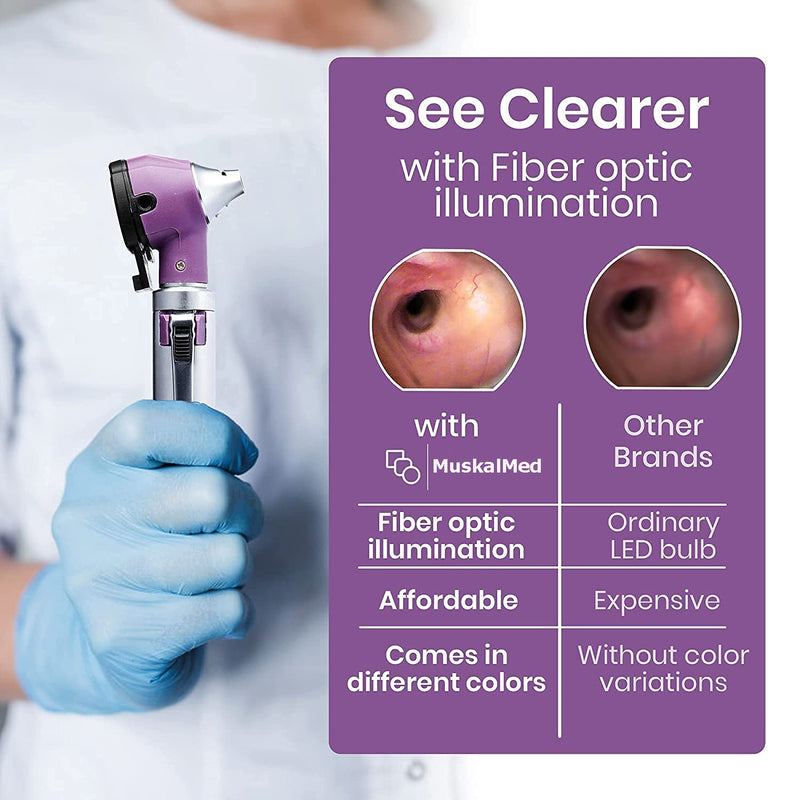 Mini Otoscope Portable Ear Light and Exam Kit 3X Magnifying Fiber Optic Scope with Spare Tips, Bulb, and Carrying Case - Pocket Equipment for Home and Use Purple - BeesActive Australia