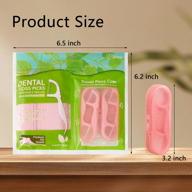 Double Line Dental Floss Picks, 85 Count Mint Flavor Flossers for Deep Cleaning, Upgraded Floss Picks with 2 Portable Travel Cases, Convenient for Cleaning Teeth On The Go, Flossing Sticks for Family Pink