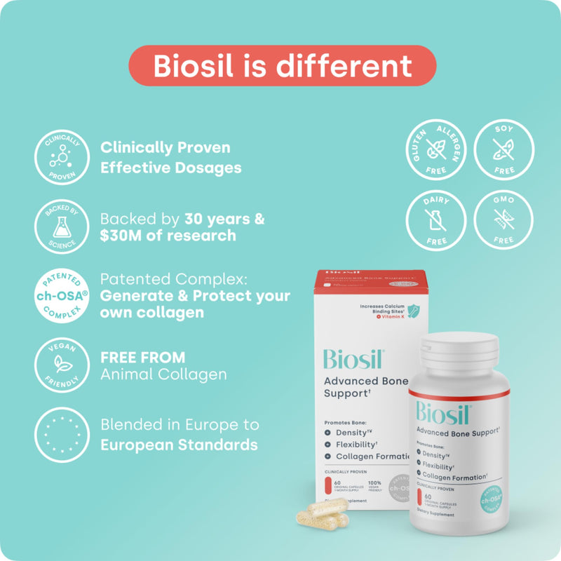 Biosil Advanced Bone Support - 60 Capsules - Supports Bone Density, Flexibility & Collagen Formation with Patented ch-OSA Complex, Inositol, MK7 & Vitamin B12-30-Day Supply