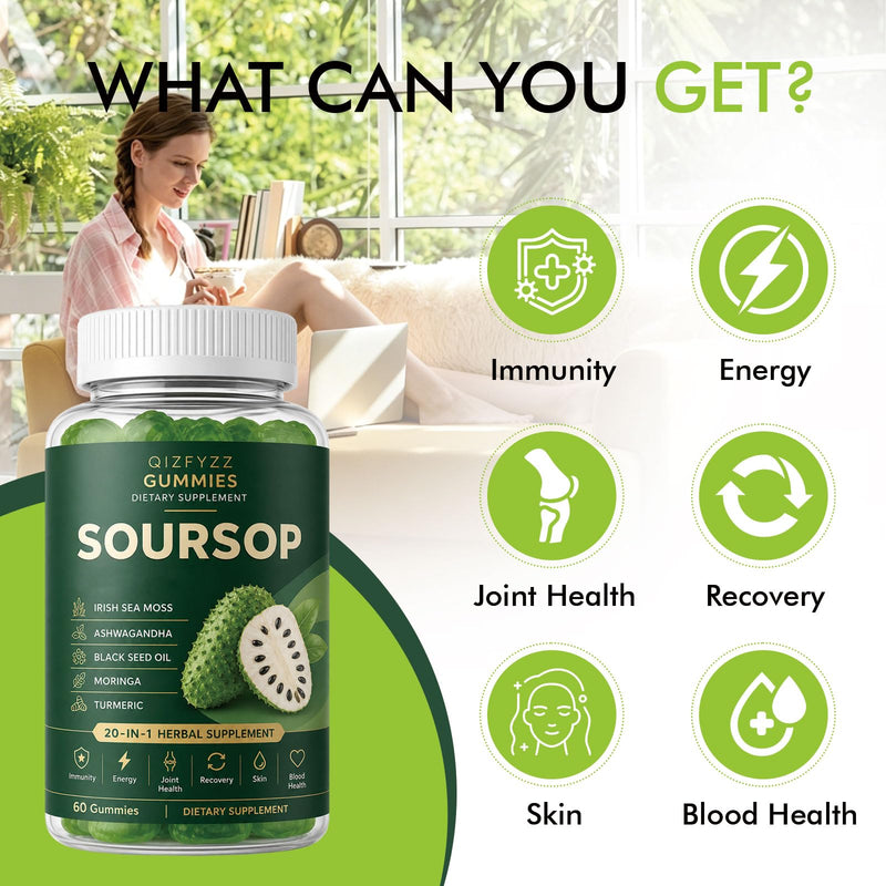 Qizfyzz Soursop Gummies, Antioxidant, Immune & Energy Support - 60 Gummies