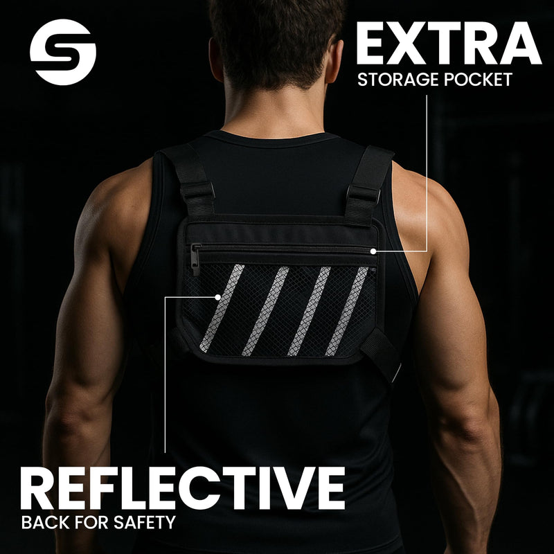Running Chest Pack for Men Women with Collapsible Water Bottle, Water-Resistant Adjustable Chest Pack with Reflective Back for Cycling, Hiking, Workouts, with Phone Holder and Extra Storage Black