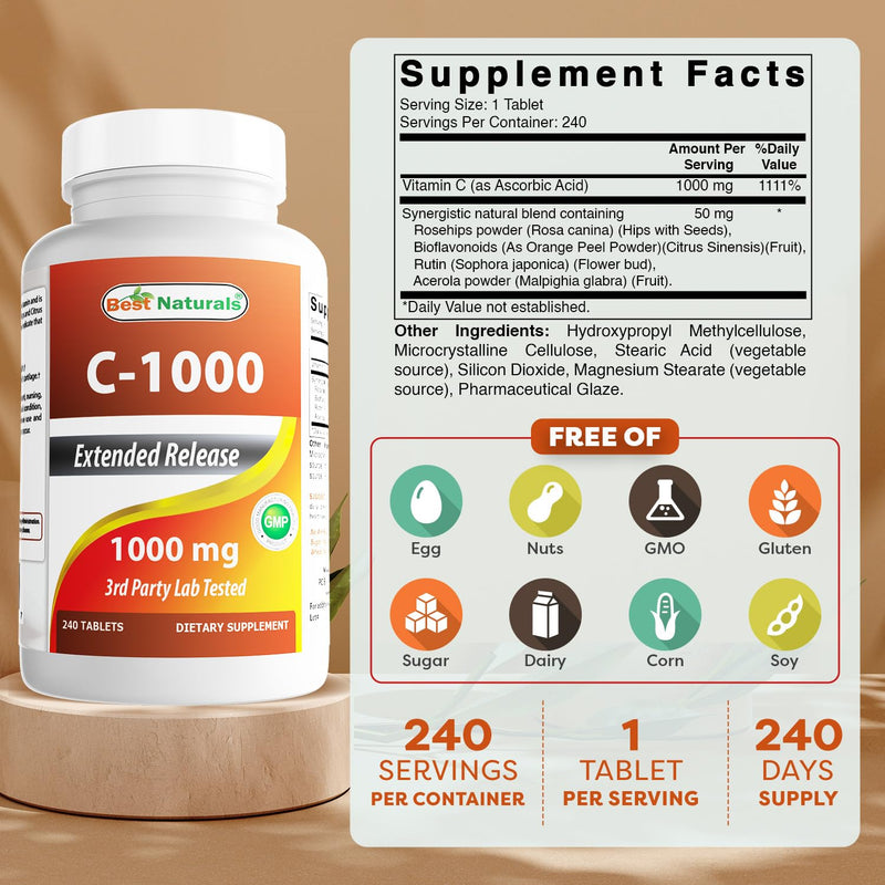 Best Naturals Vitamin C 1000 mg Tablets with Rose Hips, Berry 240 Count (Pack of 1) 240 Count (Pack of 1)