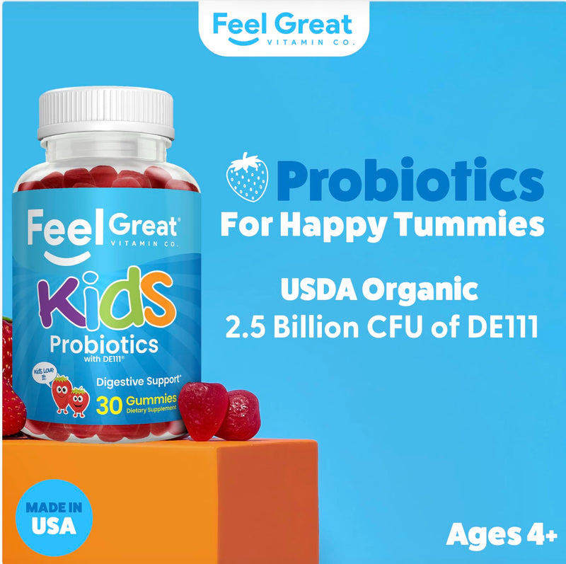 Feel Great USDA Organic Kids Probiotics Gummies | Chewable Strawberry Probiotics for Digestive Health & Immune Support | Plant Based Probiotic & Prebiotic for Kids | 30 Count | Vegan Probiotic & Prebiotic Gummy for Immune & Digestive Support, Strawberr...