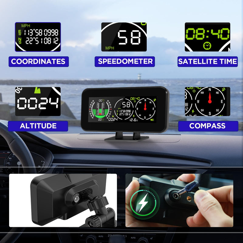 M60 Car Inclinometer for Off-Road SUV Vehicles, MPH KMH GPS Speedometer with Compass, Multifunctional Digital HUD Level Tilt Gauge Angle Slope Meter with Coordinate Display M60