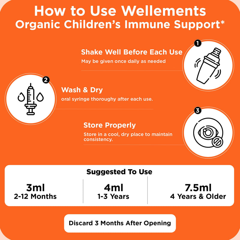 Wellements Organic Kids Immune Support* Syrup Vitamin C & Zinc 2 Months+ | Immune Support* for Kids & Toddlers, Orange Flavor | Free from Dyes, Parabens & Top 9 Most Common Allergens (4 Fl Oz)