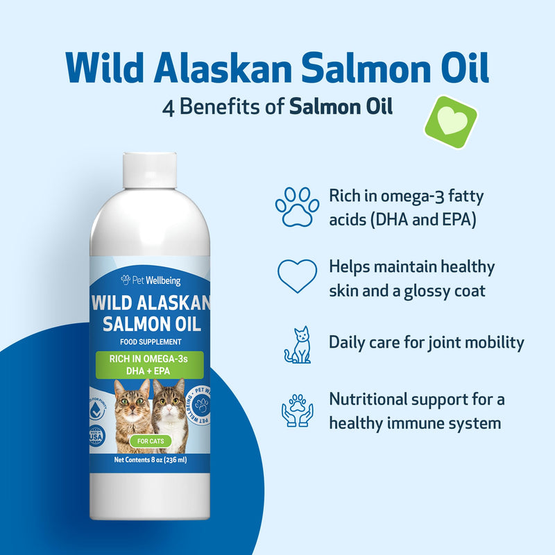 Pet Wellbeing Wild Alaskan Salmon Oil for Cats - Wild-Caught, Cold-Processed, Daily Omega-3 Fish Oil for Healthy Coat and Skin, Joint Mobility and Strength - EPA, DHA - 8 fl oz (236 ml) - BeesActive Australia