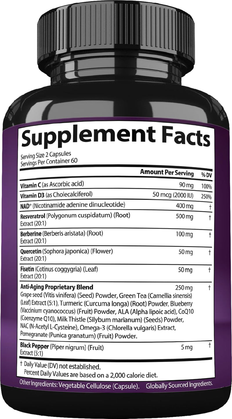 NAD Resveratrol Supplement for Women & Men. Support Cellular Health, Energy + Healthy Aging. Advanced Formula, Plus Third-Party Lab Tested in USA (120 Capsules) 120 Count (Pack of 1)