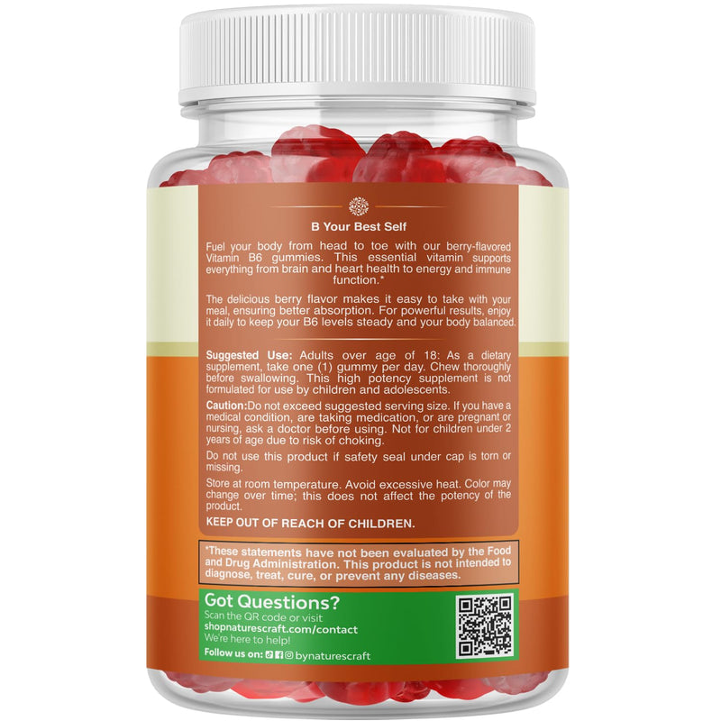 Potent Vitamin B6 Gummies for Adults - Vitamin B6 50mg Per Serving Gummy Vitamins for Women and Men for Immune Nerve and Mood Support - Vegan Kosher B6 Vitamins Gummies for Women and Men - 60 count 60 Count (Pack of 1)