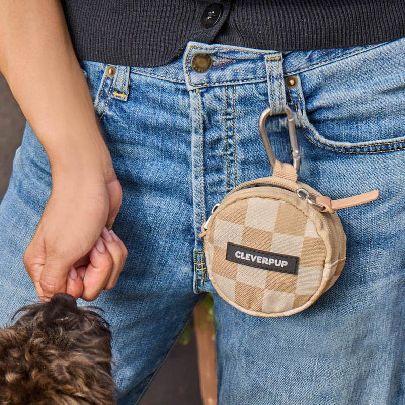 Snackpack Double Insulated Dog Treat Pouch - Holds 1.5 Cups - Dog Training and Walks Snack Bag, Two Pockets for Dry or Wet Treats, Attaches to Leash, Belt, or Bag - Checkerboard Tan Checkerboard - BeesActive Australia