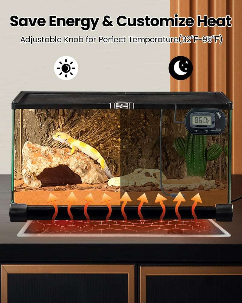 MQ Reptile Terrarium Heat Pad with LCD Digital Aquarium Thermometer, 6 x 11in Power Adjustment Under Tank Heater Mat for Pets, Small Animals, Seedling, 7W 7W, 6*11 in