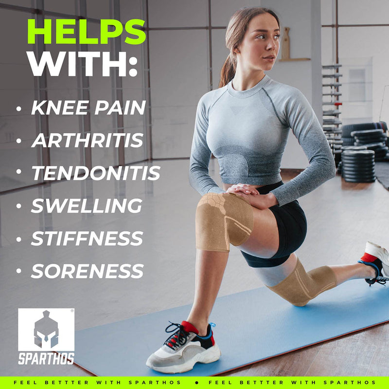 Sparthos Knee Compression Sleeves (Pair) – Joint Protection and Support for Sports, Running – Knee Brace for Men and Women – ACL Bursitis Meniscus Tear - Check Size Chart (Beige-L, 10-12″ Knee) Desert Beige Large - BeesActive Australia