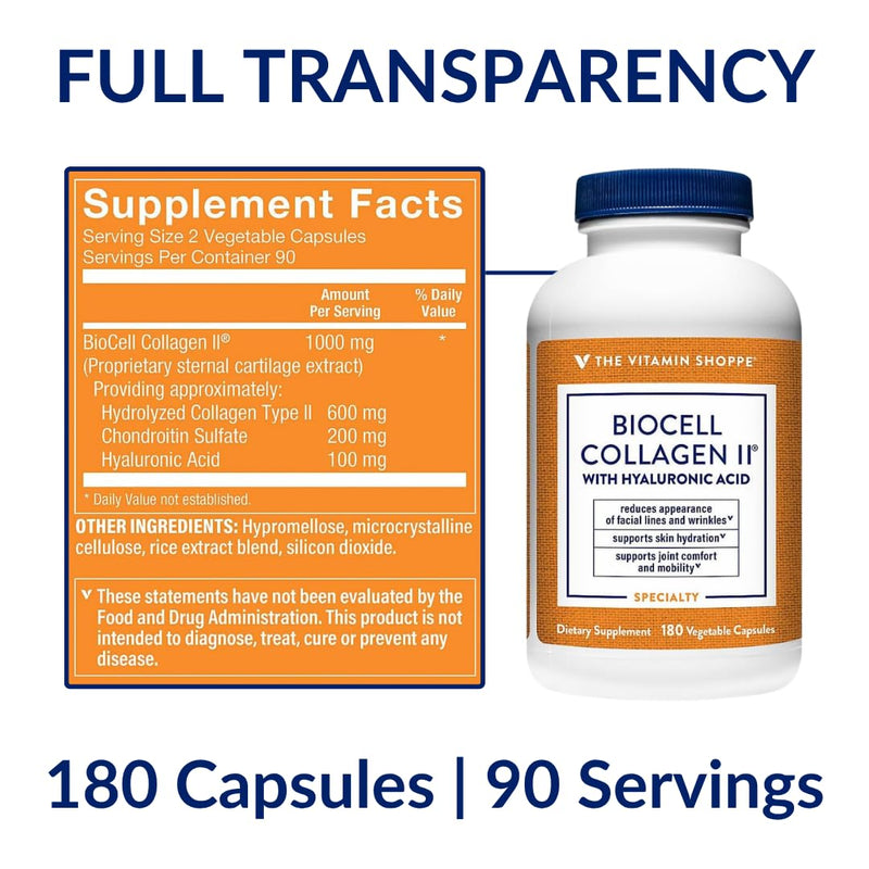 The Vitamin Shoppe Brand BioCell Collagen Capsules, 1000 mg, 180 Capsules | Hyaluronic Acid, 1000 MG Collagen per Serving, Supplement for Men and Women, Supports Daily Wellness, Gluten Free, Non GMO 180 Count (Pack of 1)