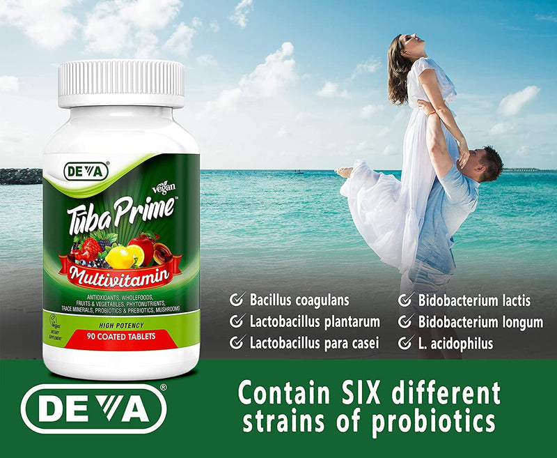DEVA Tuba Prime Vegan Multivitamin High-Potency Vitamin and Mineral Dietary Supplement Antioxidants, Fruit and Vegetable Blend, Super Mushrooms, Probiotics, Prebiotics, Seeds, Herbs - 90 Tabs, 2-Pack 90 Count (Pack of 2)