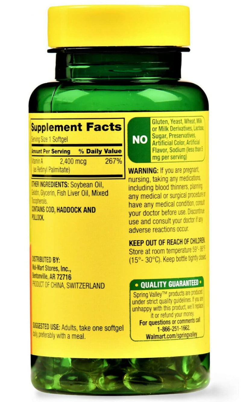 Spring Valley - Vitamin A SUPPLEMENT 2400MCG 250 Softgels 250 Count (Pack of 1) - BeesActive Australia
