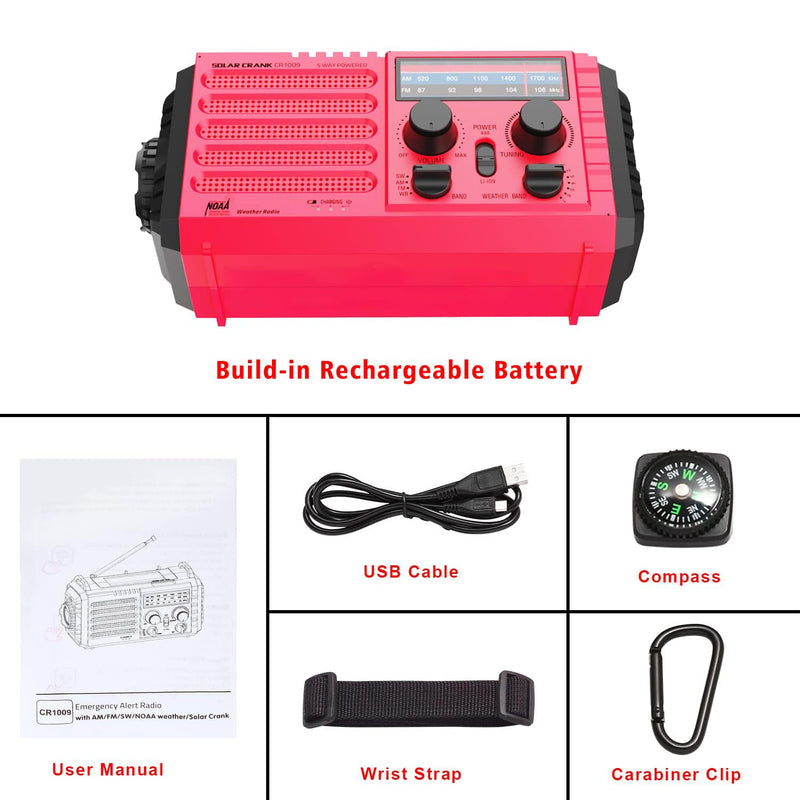 Weather Radio NOAA Alert with Battery Backup 18500mWh, Portable AM FM Shortwave Radio Solar Hand Crank, Flashlight Cellphone Charger, SOS Alarm, Compass, Headphone Jack for Home Outdoor Emergency Red