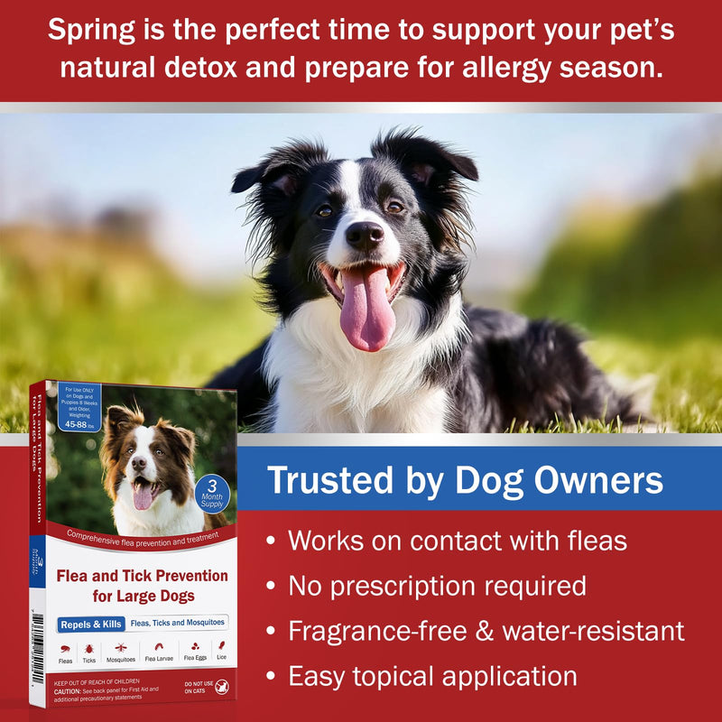 Flea and Tick Prevention for Dogs, Large Dog Flea, Tick & Mosquito Control, Repellent, 44-88lbs, 24-Hour Protect, 3-Month Supply, Flea Supplements for Dogs