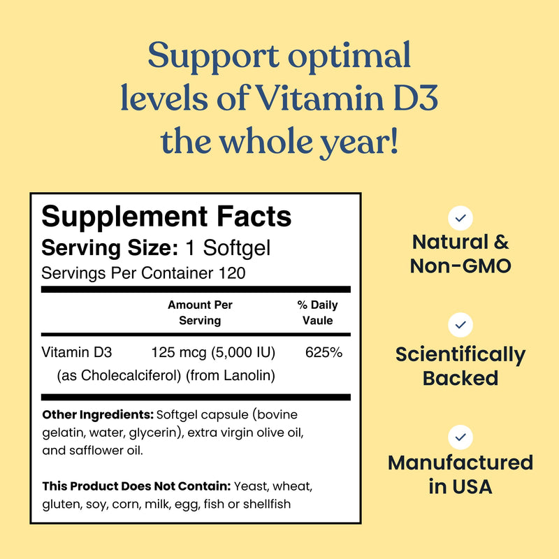 Better Way Health Vitamin D3 5000 IU – High Potency Softgel Vitamin D Supplement for Immune & Bone Health – Non-GMO, Dairy-Free, 120 Softgels