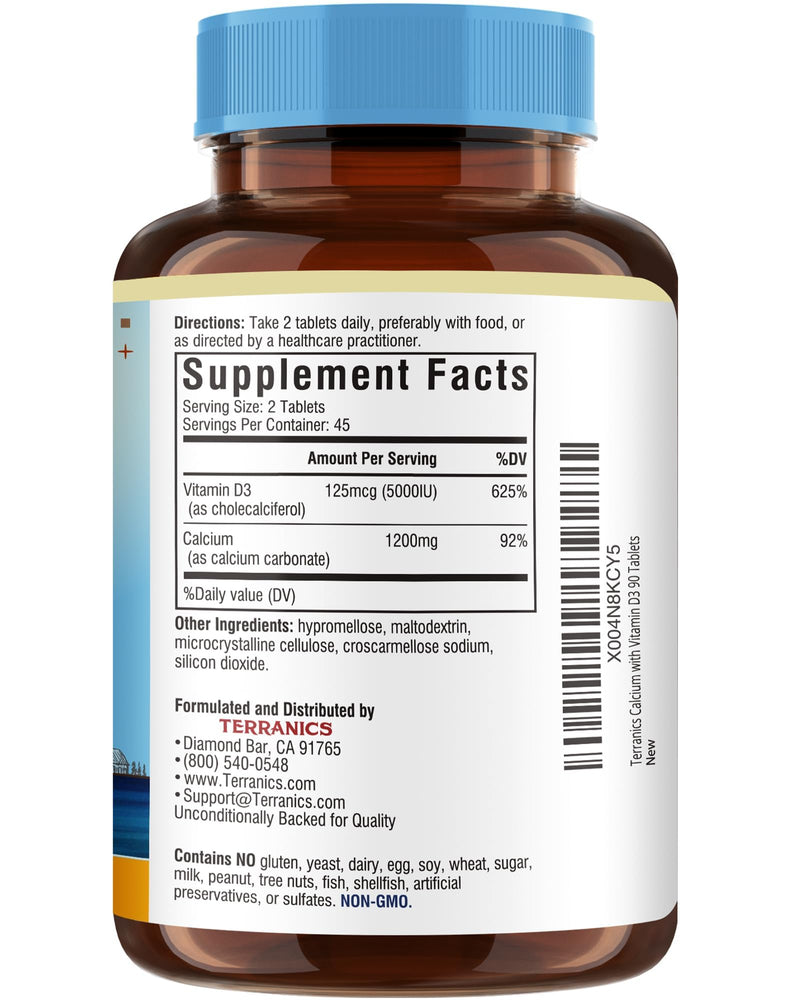 Terranics Calcium 1200 mg with Vitamin D3, High Absorption Calcium Supplement for Women and Men, Supports Bone, Teeth & Immune Health, Easy-to-Swallow Coated Tablets, 90 Count 90 Count (Pack of 1)