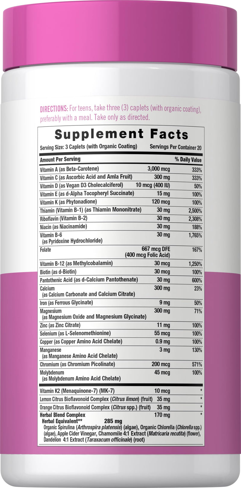 Carlyle Teen Multivitamin for Girls | 60 Caplets | Once Daily | Easy to Digest with Probiotics & Enzymes | with Iron | Non-GMO, Gluten Free