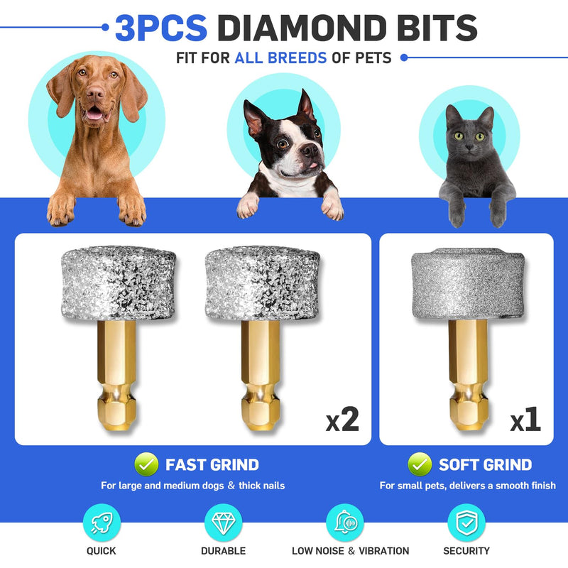 Dog Nail Grinder Super Quiet Dog Nail Trimmers 3 Grinding Wheels 3 Speed 3 Ports Rechargeable Pet Nail Grinder for Dogs with LED Display Dog Nail Clippers Kit for Large Medium Small Dogs Cats (White) White - BeesActive Australia