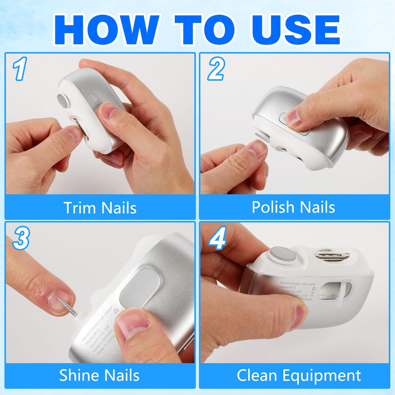 Electric Nail Clipper, 3-in-1 Automatic Nail Trimmer with Polishing & LED Light, Nail Scraps Storage, Portable Smart Nails Clipper for Seniors, Adults, Kids (Grey) Grey