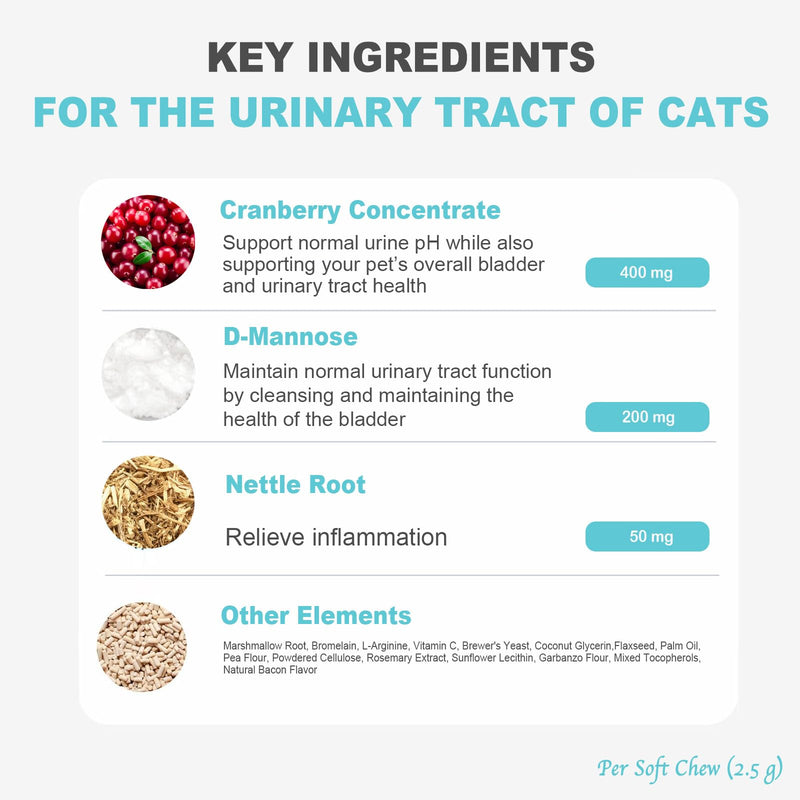MARIMER Urinary Tract Support for Cats – Cranberry, D-Mannose & Marshmallow Root – Soft Chews for Bladder & Kidney Health – Chicken Flavor – 100 Chews