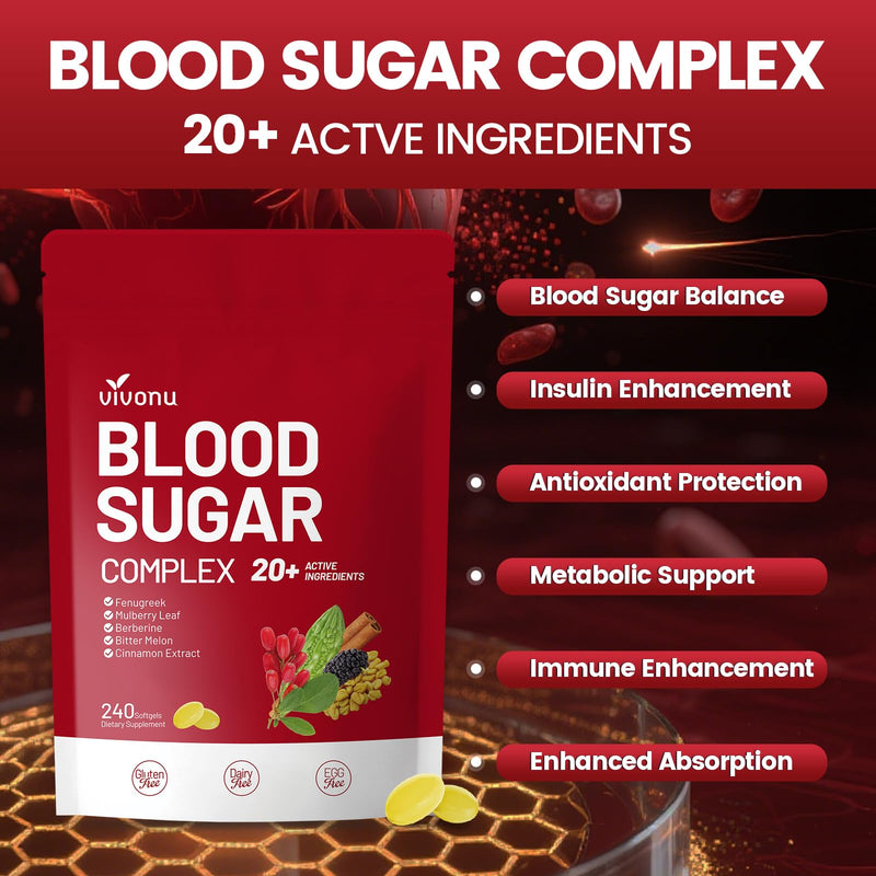VivoNu Blood Sugar Complex Supplement | Advanced Formula with 20 Herbs and Vitamins with Cinnamon, Turmeric, Black Pepper, Licorice and More, Vegan, Non-GMO, Gluten-Free