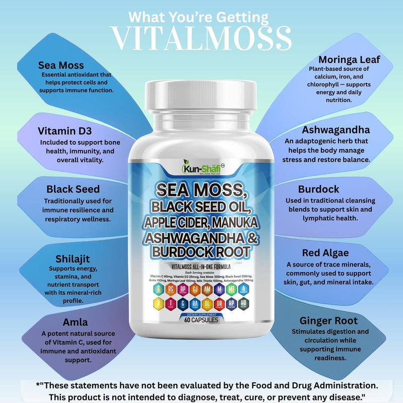 Sea Moss Complex – with Black Seed Oil, Shilajit, Amla, Moringa, Turmeric, Ashwagandha & Burdock – Enriched with Vitamin C, D3, Chlorophyll, Manuka & Ginger – 60 Capsules