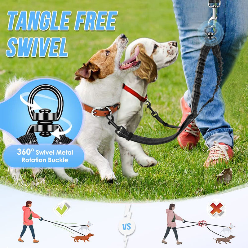 Double Dog Leash, No Tangle 360°Swivel Rotation Reflective Lead Attachment Adjustable Length Dual Two Dogs Lead Splitter, Comfortable Shock Absorbing Walking Training for 2 Dogs Black-Adjustable Small（7-20lbs) - BeesActive Australia