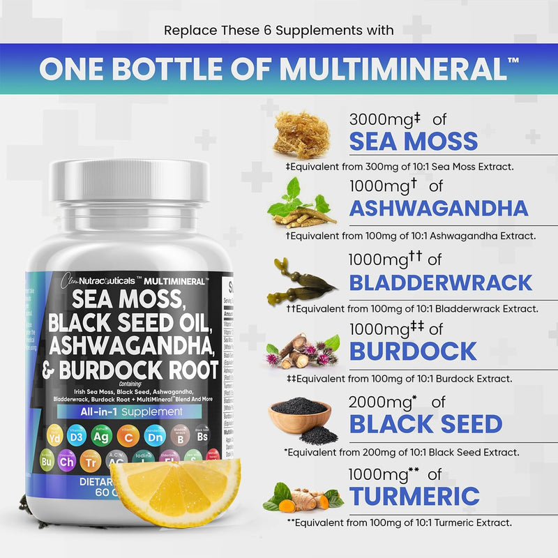 Sea Moss 3000mg Black Seed Oil 2000mg Ashwagandha 1000mg Turmeric 1000mg Bladderwrack 1000mg Burdock & Vitamin C Vitamin D3 with Elderberry Manuka Dandelion Yellow Dock Iodine Chlorophyll ACV - 2Pack - BeesActive Australia