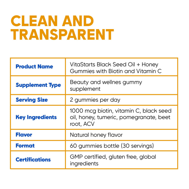 Black Seed Oil & Honey Gummies - with Black Cumin Seed Oil, Vitamin C, Turmeric & Biotin - Immune Support Supplement for Joint, Gut & Skin Health, 60 Gummies Black Seed Oil & Honey Gummies