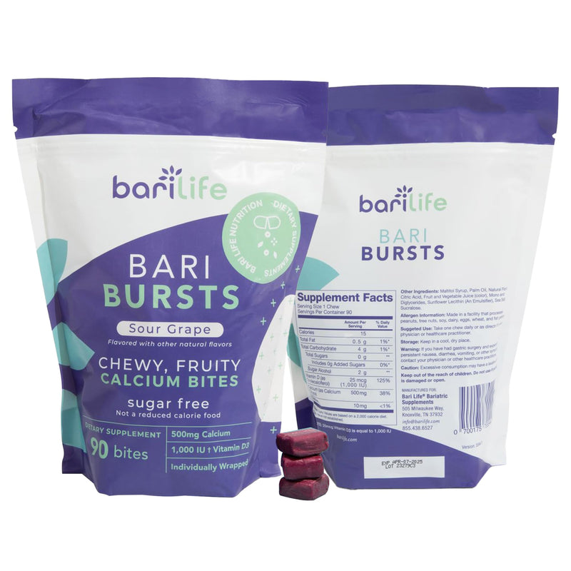 Calcium Citrate Bariatric Calcium Chews with 1000 IU Vitamin D3 - Ideal for Bariatric Patients - BariBurst by Bari Life (Sour Grape) Sour Grape 90 Count (Pack of 1)