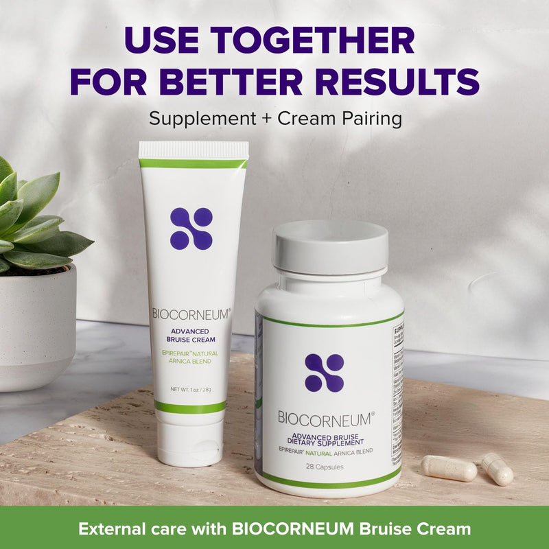BIOCORNEUM Bruise Supplement with Arnica, Bromelain & Zinc, 28 Capsules | Advanced Bruise Remedy, Internal Support for Visible Recovery, Vitamin K1, K2, C, Bromelain for Bruising and Swelling