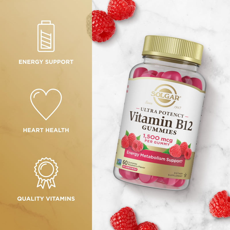 Solgar Methyl B12 Gummies for Adults 1,500mcg Ultra Potency Vitamin | Energy & Metabolism Support, Raspberry Flavor, Vegan & Gluten-Free for Women & Men, 2 Month Supply, 60 Servings, 2g Sugar 60 Count (Pack of 1)