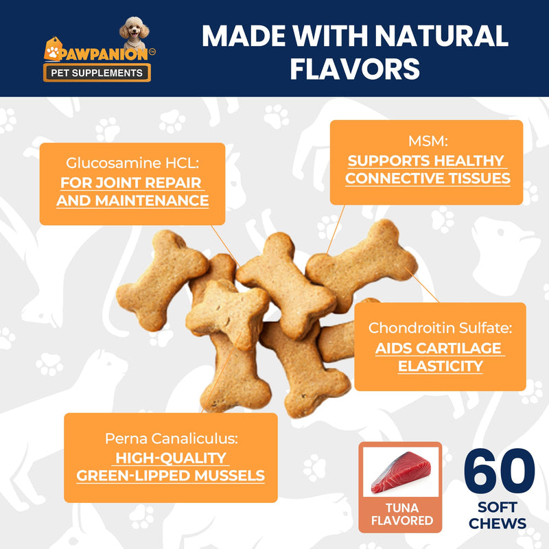 Hip & Joint Soft Chews for Cats, Glucosamine + Chondroitin + MSM, Joint Support & Mobility, Cartilage & Flexibility Support, 60 Soft Chews Tuna Flavor Hip & Joint