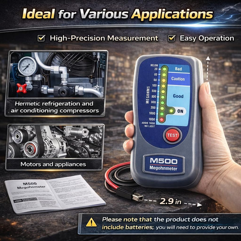 M500 Insulation Tester Megohmmeter, 500V Digital Insulation Resistance Tester up to 1000MΩ, HVAC Compressor & Motor, Battery Operated, Includes Soft Carrying Cas