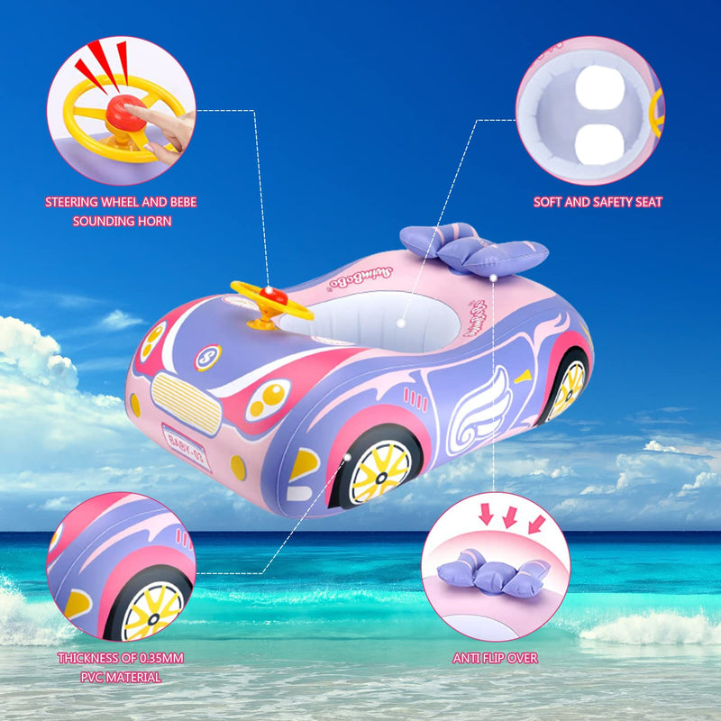 Baby Pool Float with 3D Car Design, PVC Baby Swim Float, Toddler Pool Float, Swimming Floats Seat Boat Pool Toys with Steering Wheel for 12-18, 12-24 Months, Age 2-3, 3+ Years Girl Boy Pink