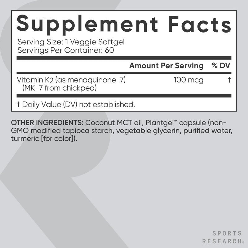 Sports Research Vitamin K2 as MK-7 100mcg with Coconut MCT Oil - 60 Veggie Softgels (2 Month Supply) Vegan Certified, Non-GMO Verified, Gluten & Soy Free - Citrus Aroma 60 Count (Pack of 1) - BeesActive Australia