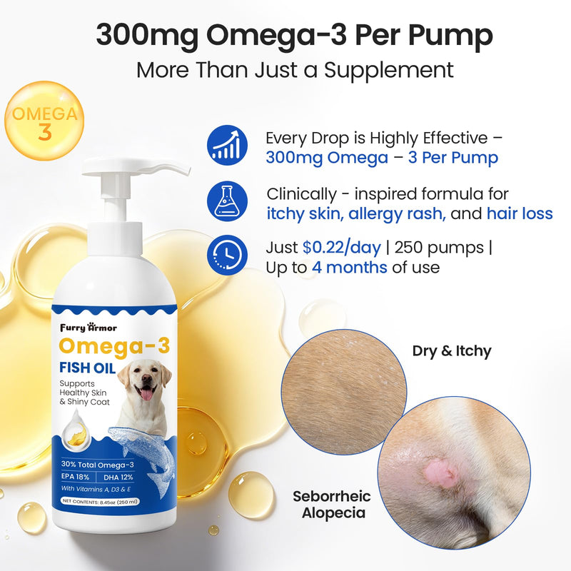Omega 3 Fish Oil for Dogs & Cats：300mg EPA + DHA per 1ml - Promotes Healthy Skin, Shiny Coat, & Strong Joints & Heart - IFOS Certified – rTG High Absorption – Wild Caught – 8.45oz 8.45 oz